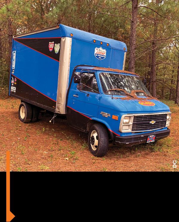 Hawkins’ old box van has more than 300,000 miles of races on it.