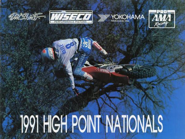 ￼Jean-Michel Bayle lofts his CR250 Honda around Honda Land while preparing for his historic 1991 season; the Tom Webb photo ended up on the cover of the High Point program.
