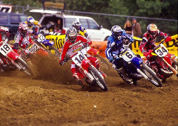 Kevin Windham (14) and John Dowd (6) lead the pack off the start of the '99 Glen Helen National.