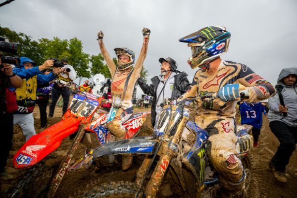 Chase Sexton and Eli Tomac celebrate as Team USA wins the Monster Energy FIM Motocross of Nations for the first time since 2011.